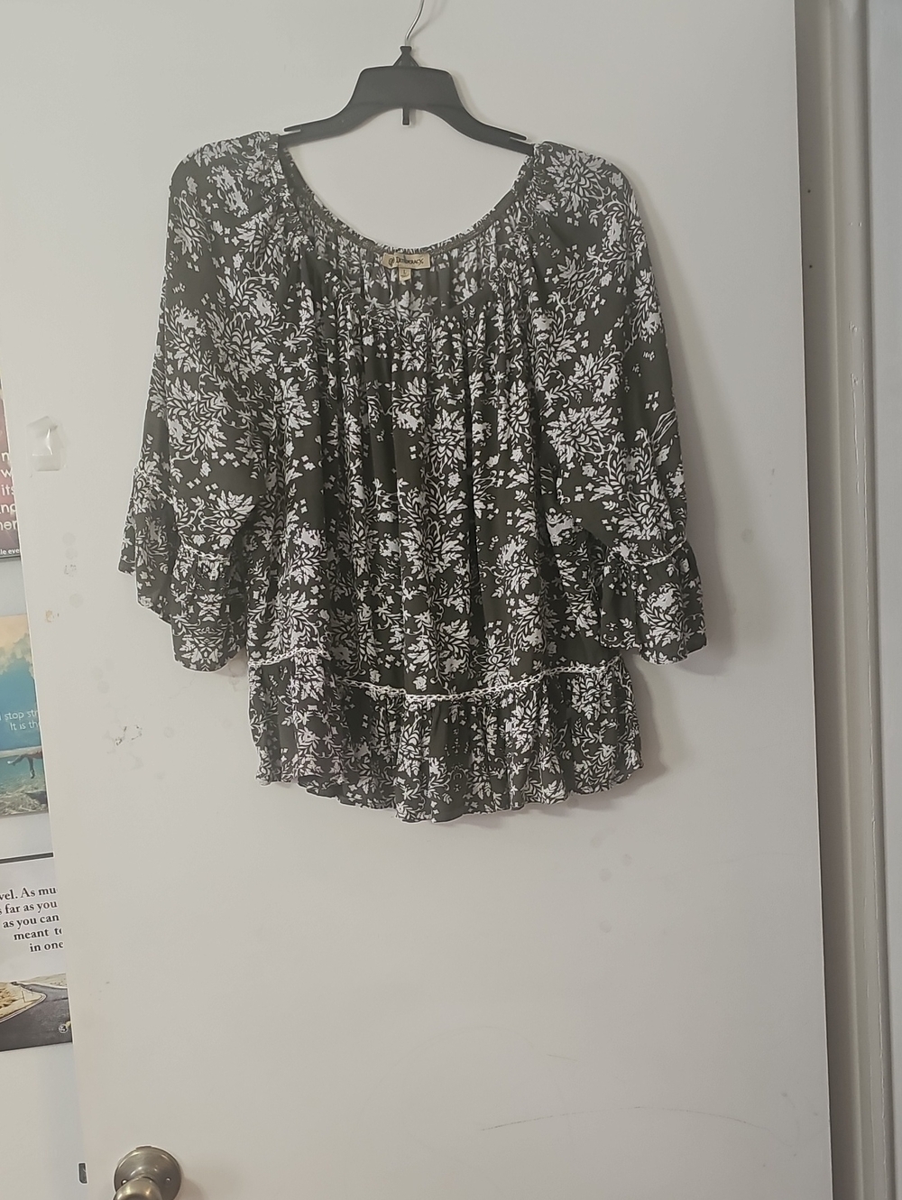 Democracy Olive and White Floral Peasant Blouse